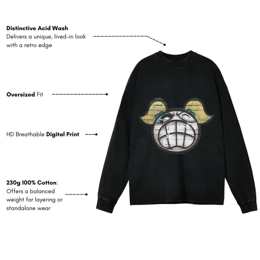 Belligerent Unibrow Aicd Wash Oversized Long Sleeve Shirt - Image 2