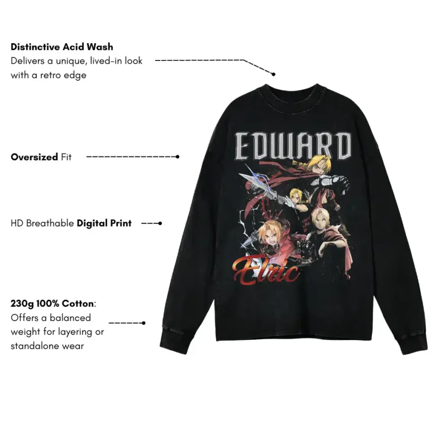 Fullmetal Alchemist Edward Aicd Wash Oversized Long Sleeve Shirt - Image 2