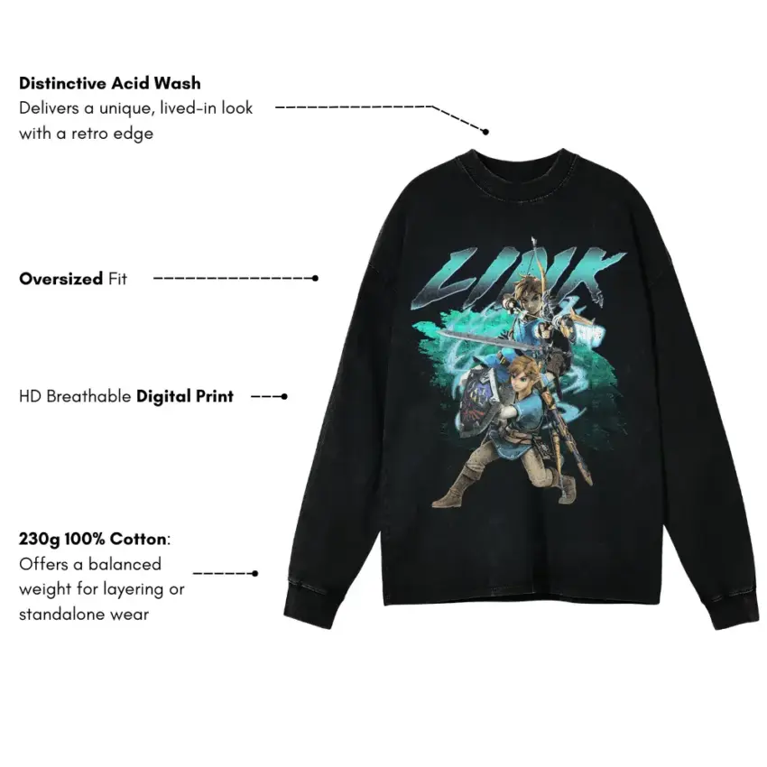Hero Of Hyrule Aicd Wash Oversized Long Sleeve Shirt - Image 2