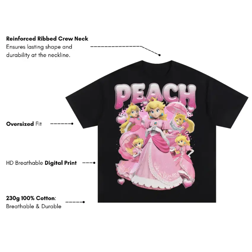 Mushroom Kingdom Royalty Oversized Black Graphic Tee - Image 2