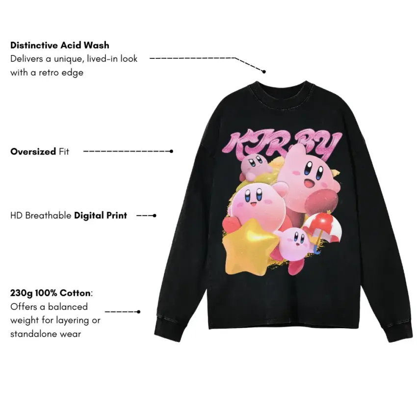Pop Star Hero Kirby Aicd Wash Oversized Long Sleeve Shirt - Image 5