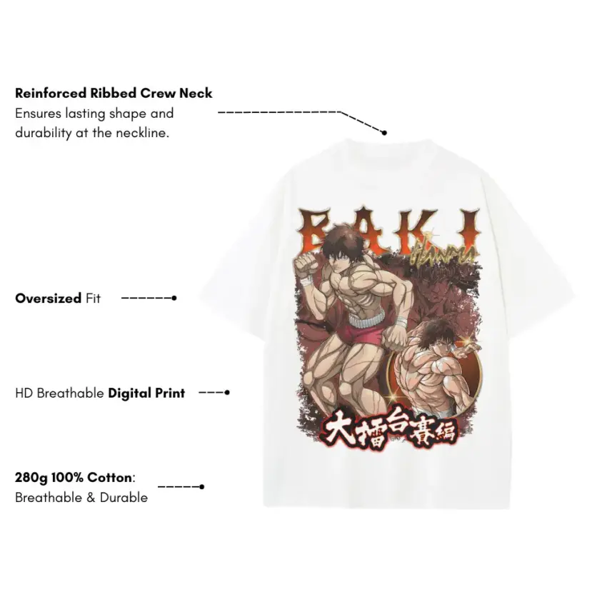 The Grappler Baki Heavyweight Oversized White Graphic Tee - Image 5