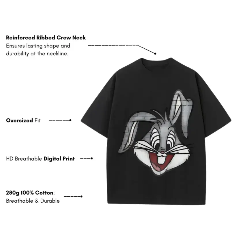 Wascally Wabbit Heavyweight Oversized Black Graphic Tee - Image 2
