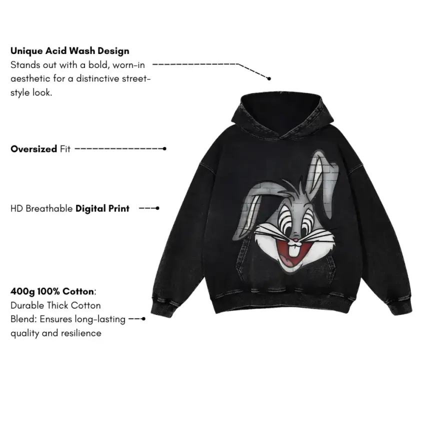 Wascally Wabbit Aicd Wash Oversized Hoodie - Image 2