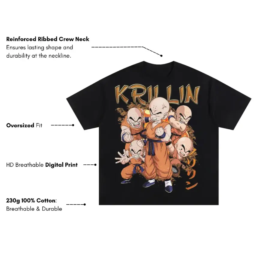 Z Fighter Krillin Oversized Black Graphic Tee - Image 5