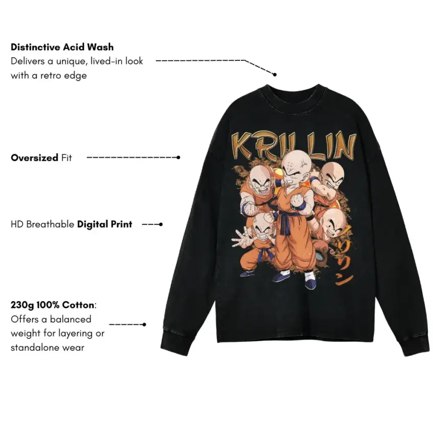 Z Fighter Krillin Aicd Wash Oversized Long Sleeve Shirt - Image 5