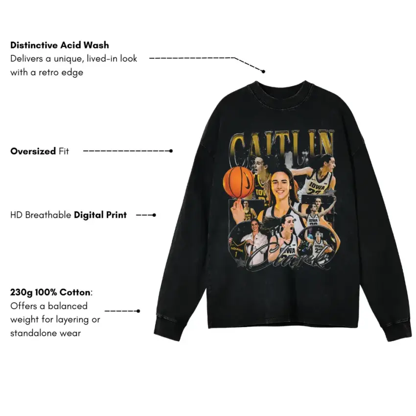 Caitlin Clark College Legend Collage Aicd Wash Oversized Long Sleeve Shirt - Image 2