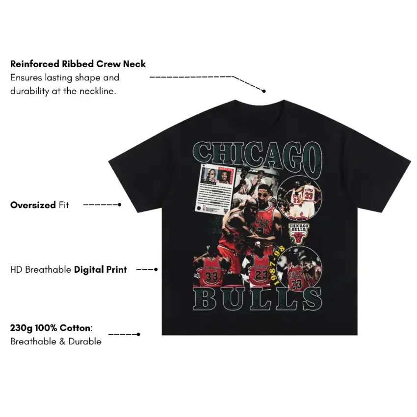 Chicago Bulls The Dynasty Years Collage Oversized Black Graphic Tee - Image 2