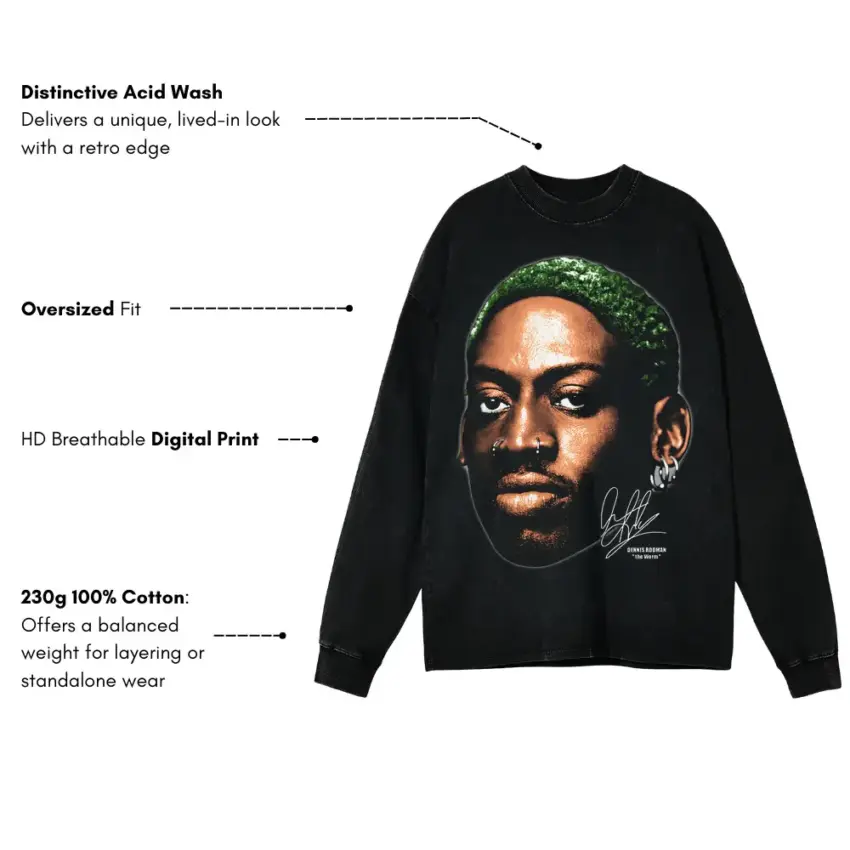 Dennis Rodman Green Hair Signature Portrait Aicd Wash Oversized Long Sleeve Shirt - Image 5