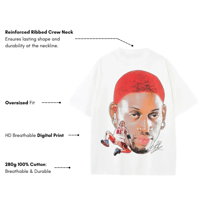 Dennis Rodman Red Hair Rebel Heavyweight Oversized White Graphic Tee - Image 5