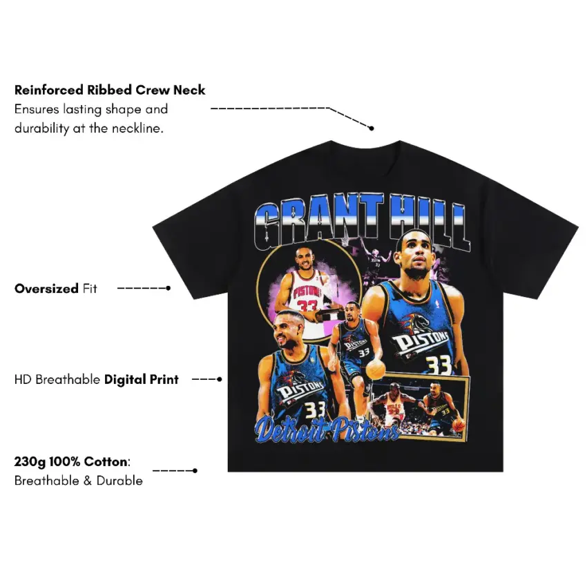 Grant Hill Detroit Pistons Legend Oversized Black Graphic Tee - Image 5