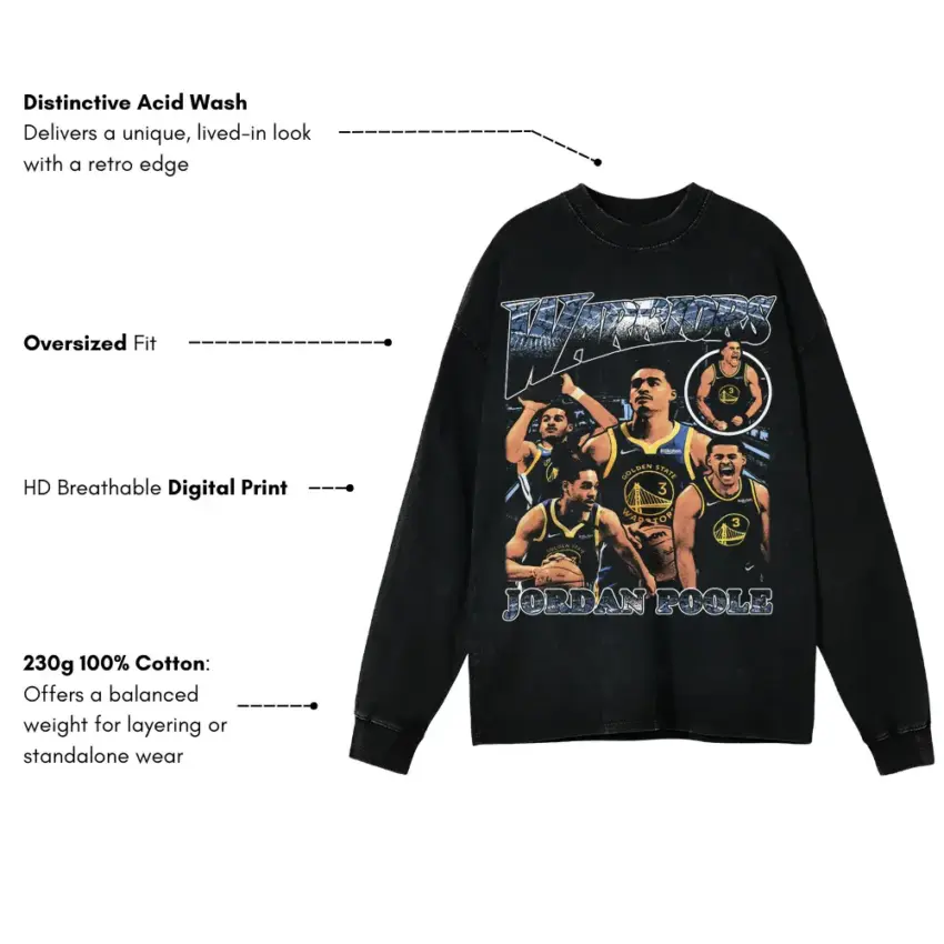 Jordan Poole The Poole Party Collage Aicd Wash Oversized Long Sleeve Shirt - Image 2