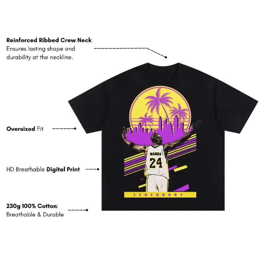 Kobe Bryant Number 24 Sunset Slam Oversized Black Graphic Tee - Image 5
