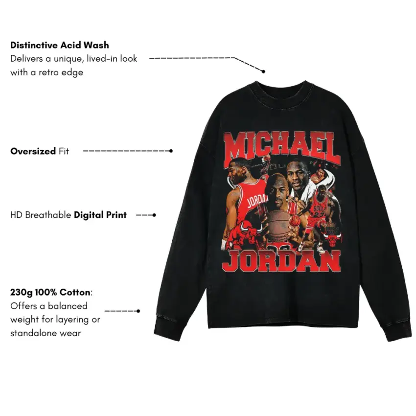 Michael Jordan The Chicago Bulls Era Aicd Wash Oversized Long Sleeve Shirt - Image 2