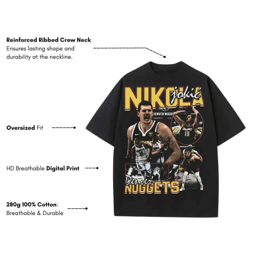 Nikola Jokic Nuggets Nike Tribute Heavyweight Oversized Black Graphic Tee - Image 5
