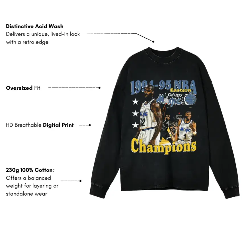 Orlando Magic Eastern Conference Champs 1995 Aicd Wash Oversized Long Sleeve Shirt - Image 5