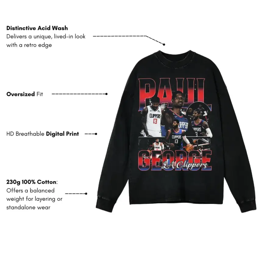 Paul George LA Clippers Collage Aicd Wash Oversized Long Sleeve Shirt - Image 4