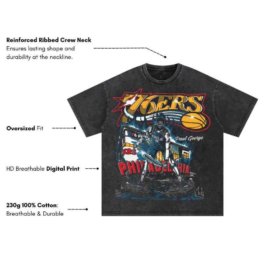 Philadelphia 76ers Pay Attention Collage Oversized Acid Wash T-shirt - Image 2