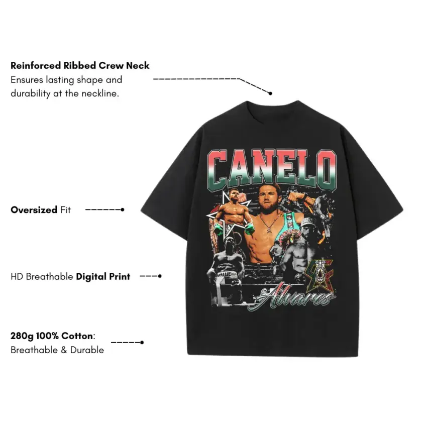 Canelo Alvarez Champion Collage Heavyweight Oversized Black Graphic Tee - Image 2