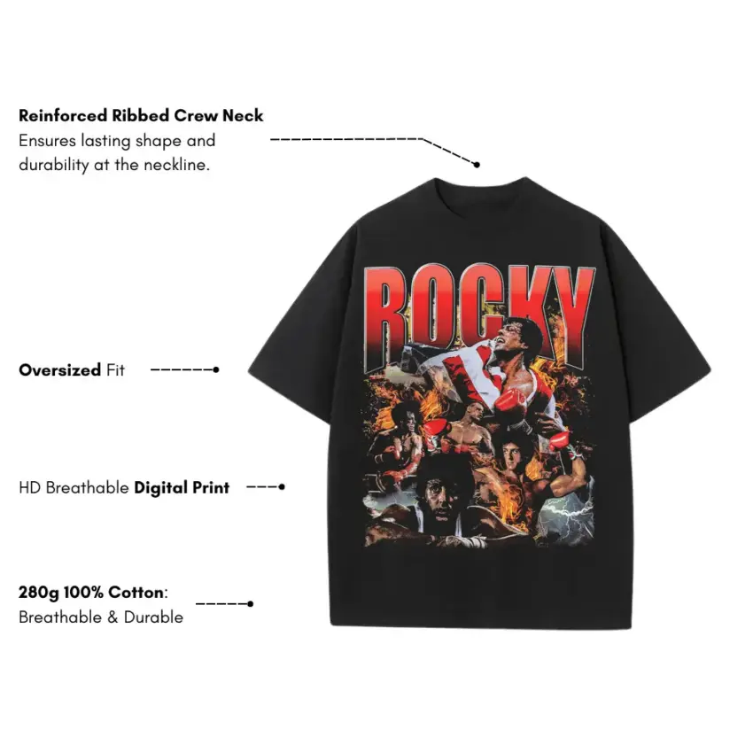Rocky Balboa The Italian Stallion Heavyweight Oversized Black Graphic Tee - Image 4