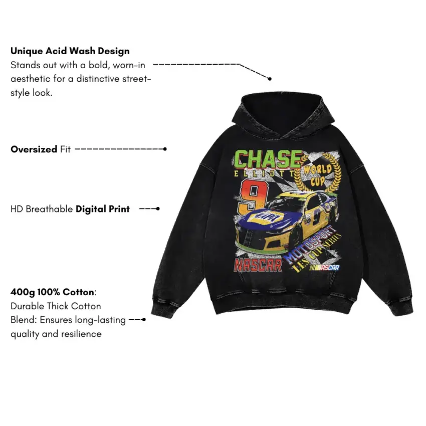 Chase Elliott The World Champ Aicd Wash Oversized Hoodie - Image 5