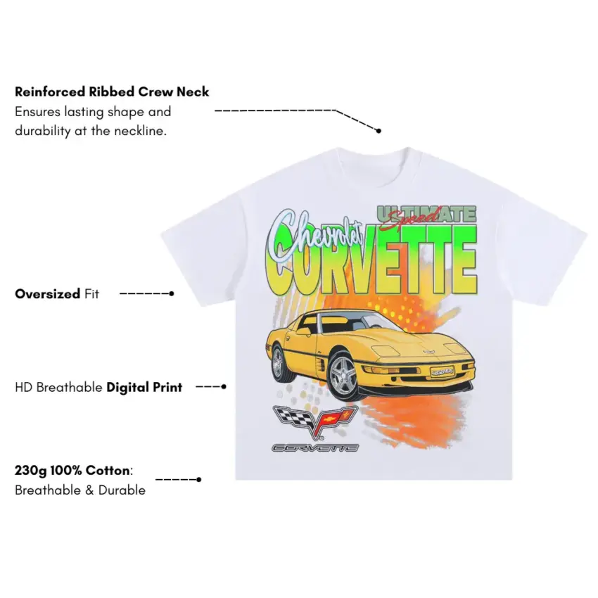Classic Yellow Corvette Oversized White Graphic Tee - Image 5
