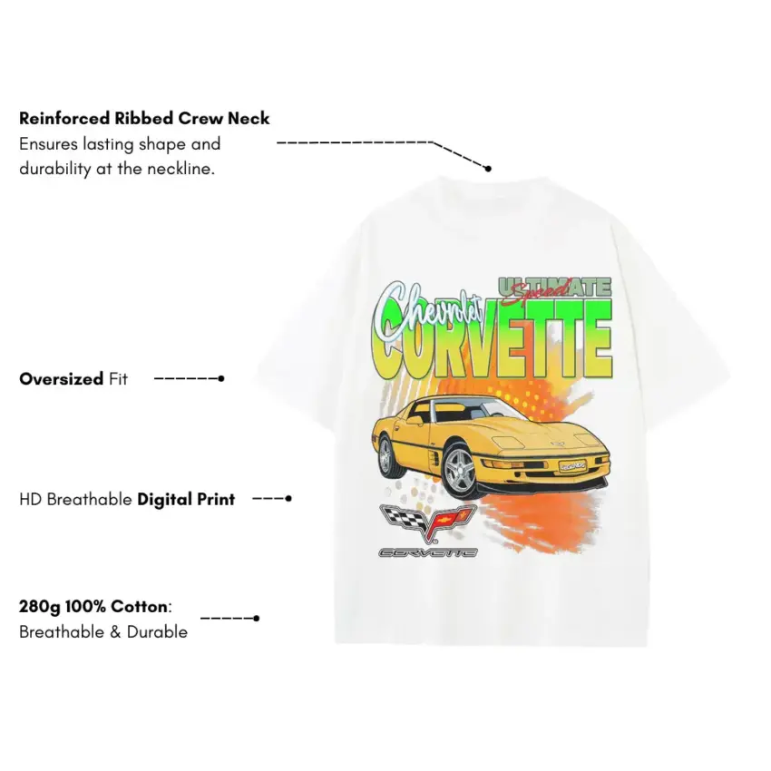 Classic Yellow Corvette Heavyweight Oversized White Graphic Tee - Image 5
