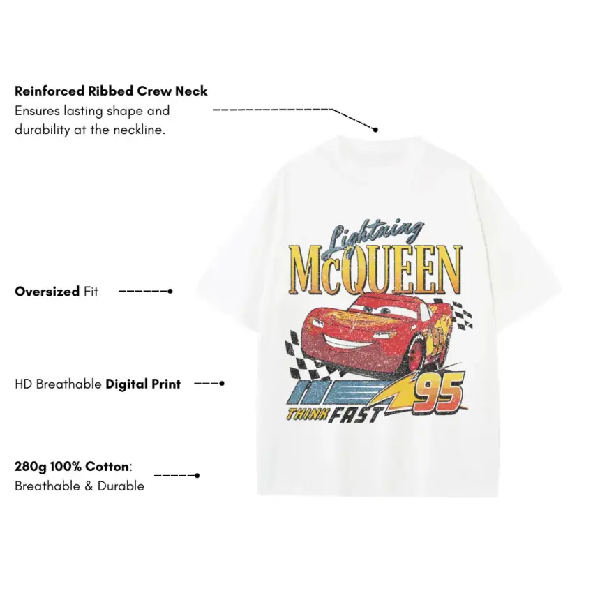 Lightning McQueen Tour Fast Heavyweight Oversized White Graphic Tee - Image 5