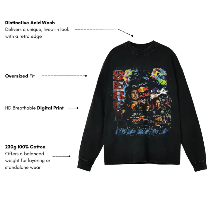 Perez Oracle Racer Aicd Wash Oversized Long Sleeve Shirt - Image 5