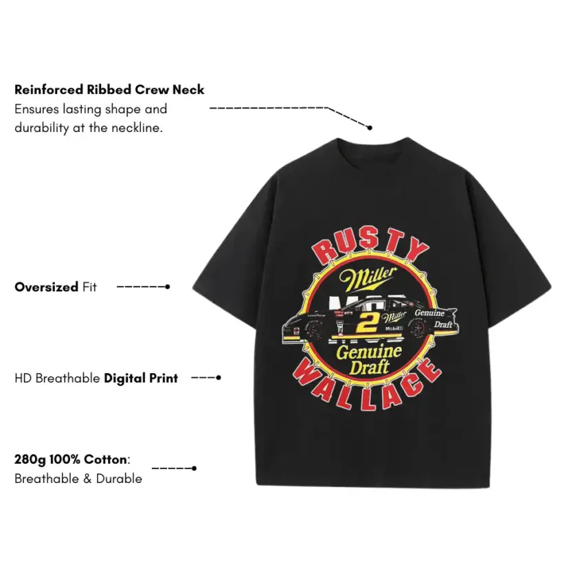 Rusty Wallace Genuine Draft Heavyweight Oversized Black Graphic Tee - Image 2