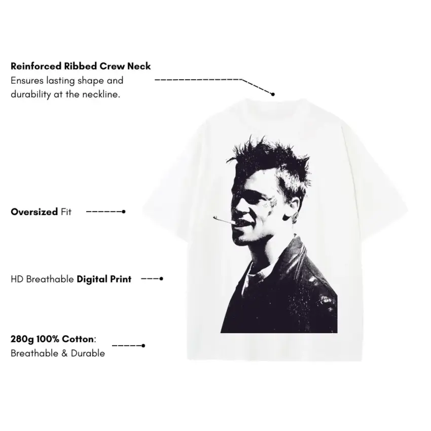 Tyler Durden Lives Heavyweight Oversized White Graphic Tee - Image 4