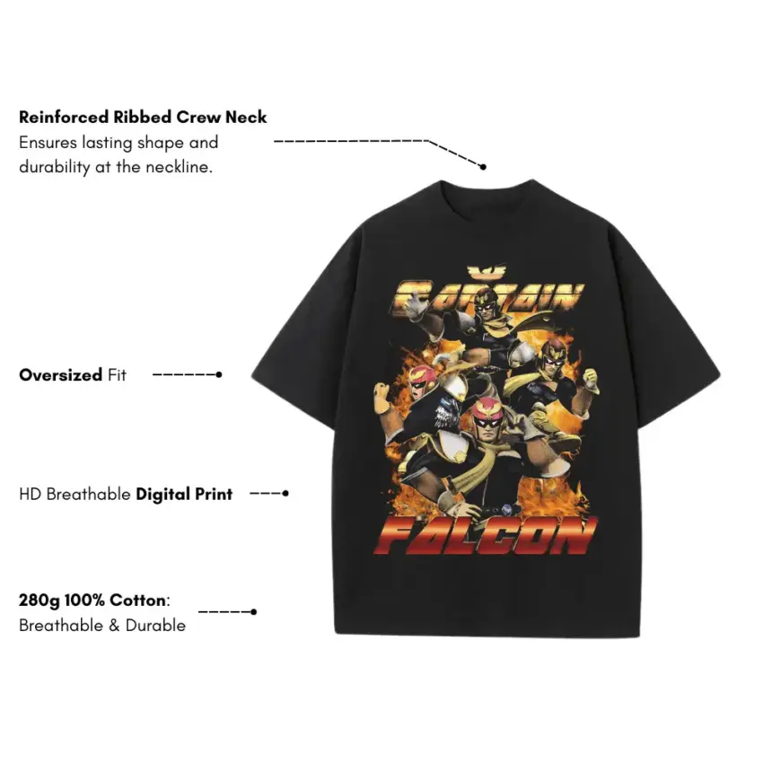Captain Falcon Show Your Moves Heavyweight Oversized Black Graphic Tee - Image 4