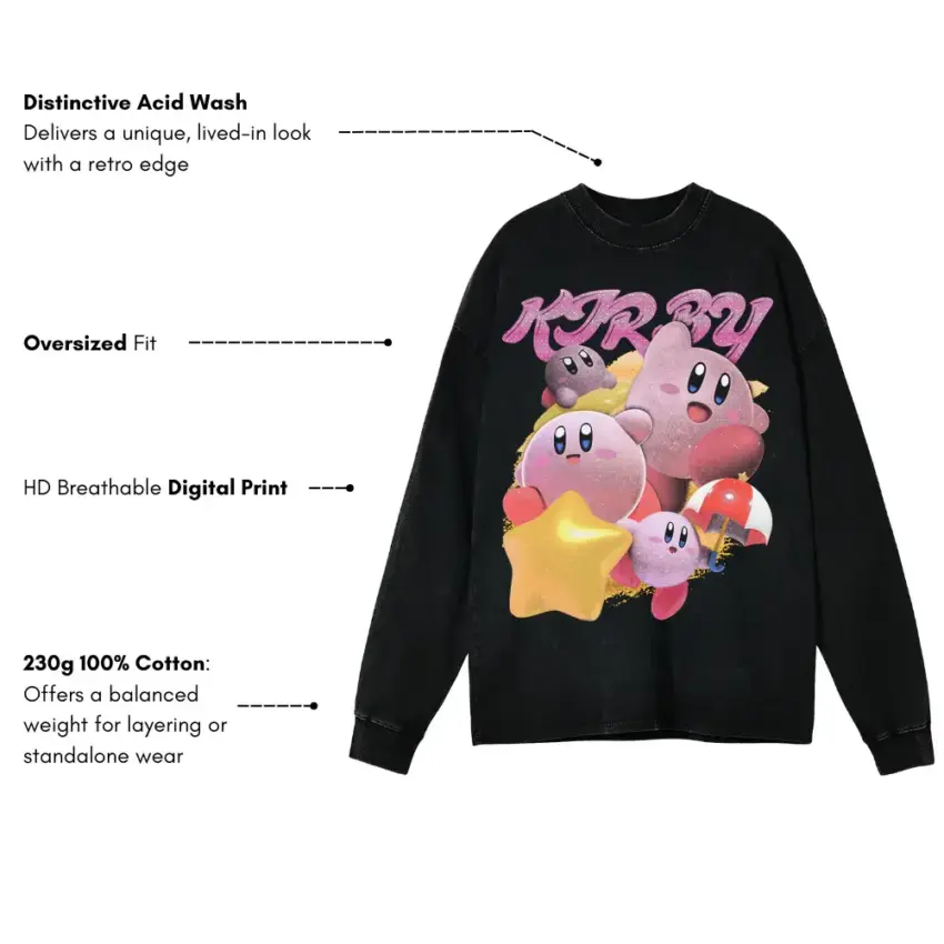 Kirby Superstar Power Aicd Wash Oversized Long Sleeve Shirt - Image 4