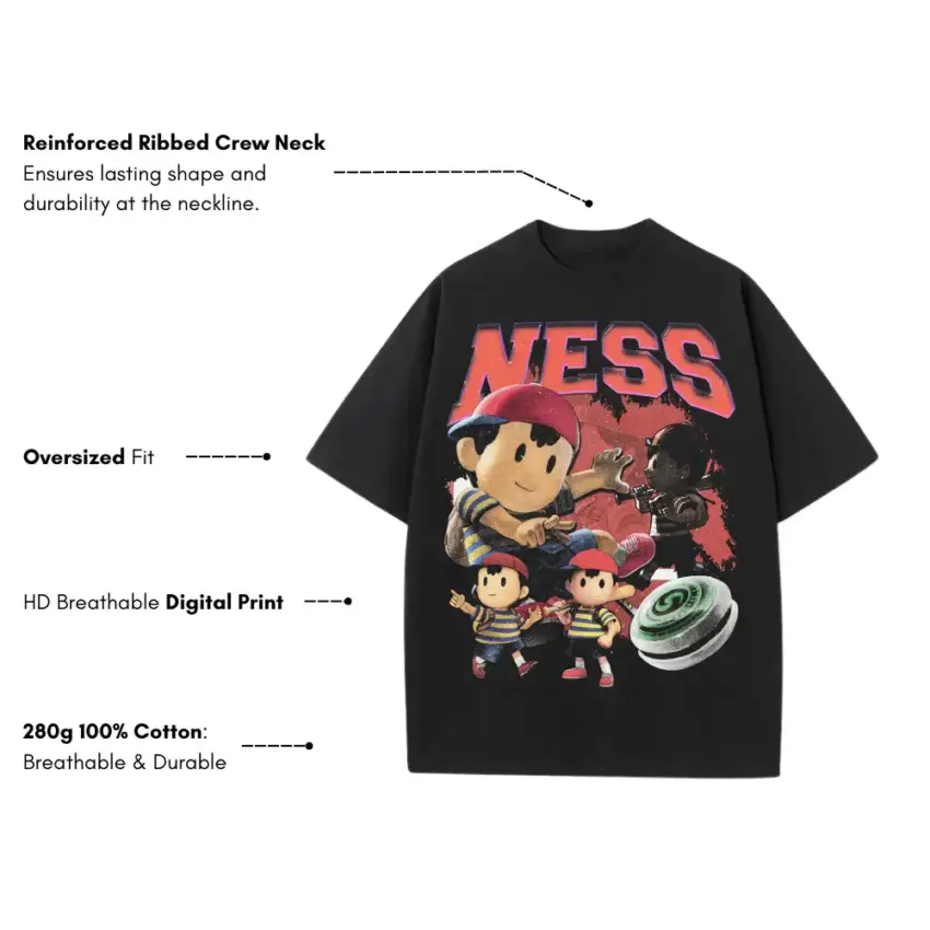 Ness And Friends Heavyweight Oversized Black Graphic Tee - Image 5