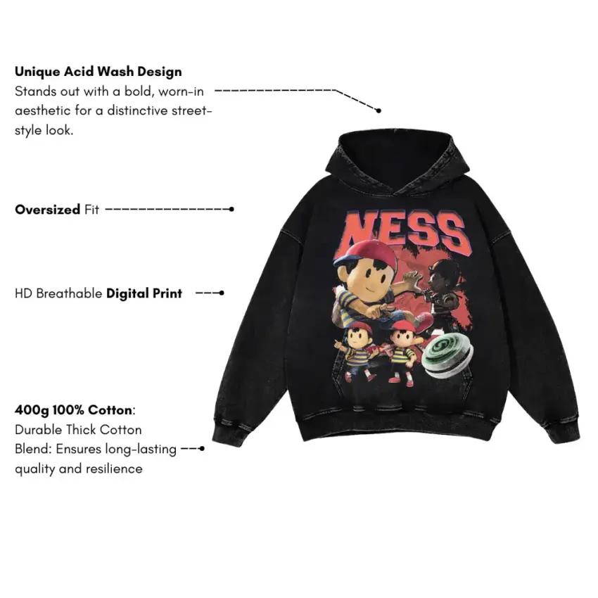 Ness And Friends Aicd Wash Oversized Hoodie - Image 4