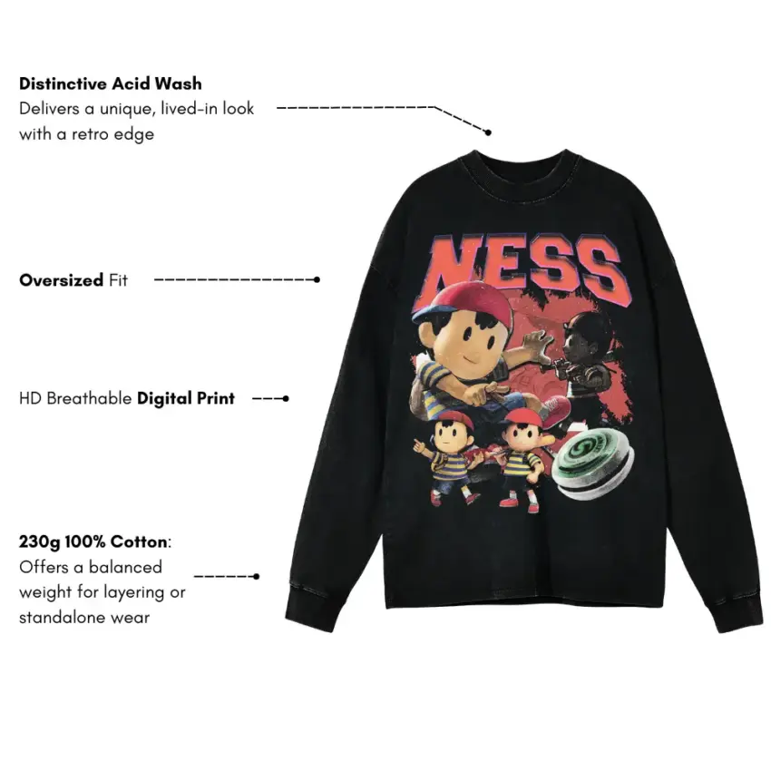 Ness And Friends Aicd Wash Oversized Long Sleeve Shirt - Image 4