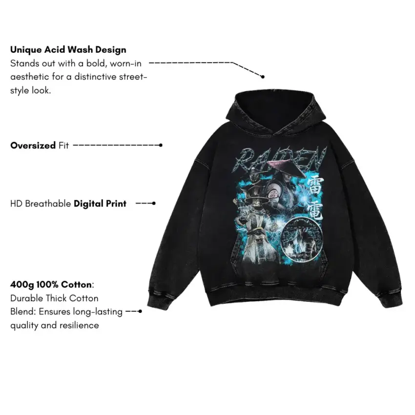 Raiden The Thunder God Aicd Wash Oversized Hoodie - Image 2