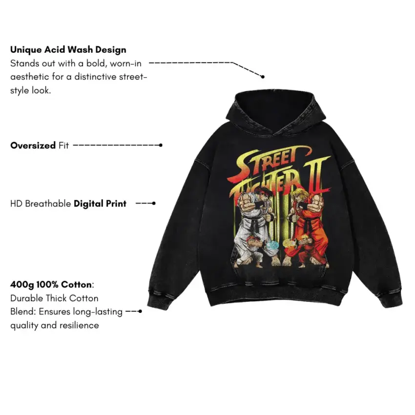 Street Fighter II Hyper Fighting Aicd Wash Oversized Hoodie - Image 2
