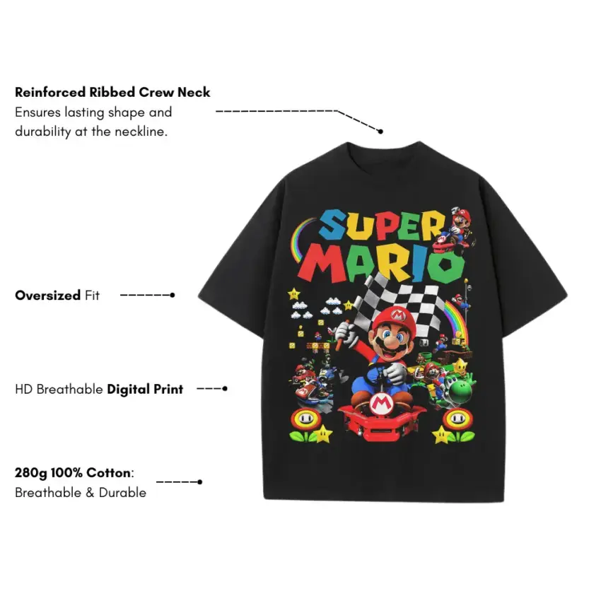 Super Mario And Friends Heavyweight Oversized Black Graphic Tee - Image 2