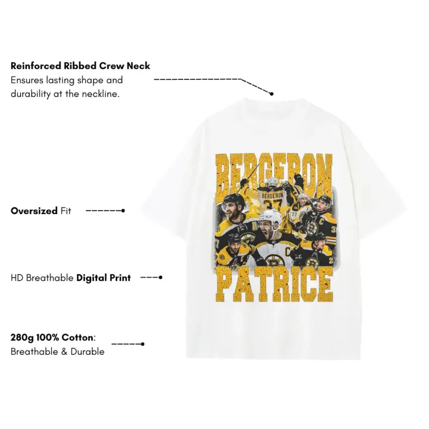 Patrice Bergeron Tribute Collage Heavyweight Oversized White Graphic Tee - Image 2