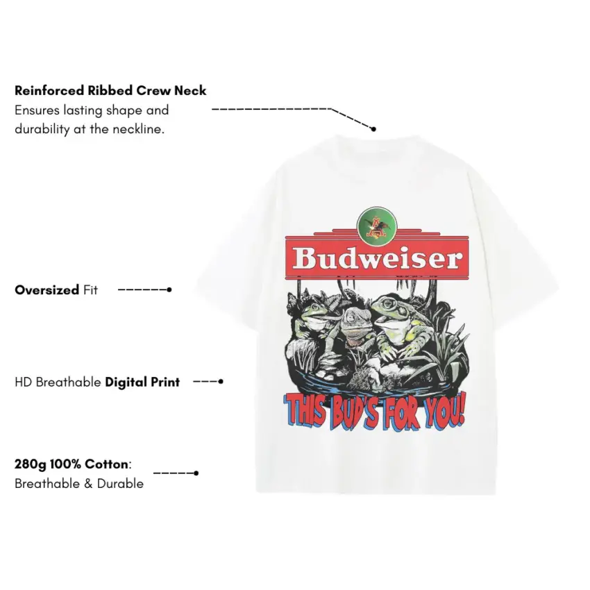 Budweiser Frogs On Tap Heavyweight Oversized White Graphic Tee - Image 2
