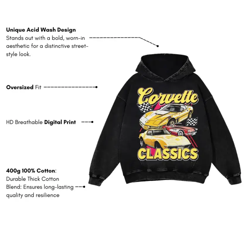Corvette Generations Classic Aicd Wash Oversized Hoodie - Image 5