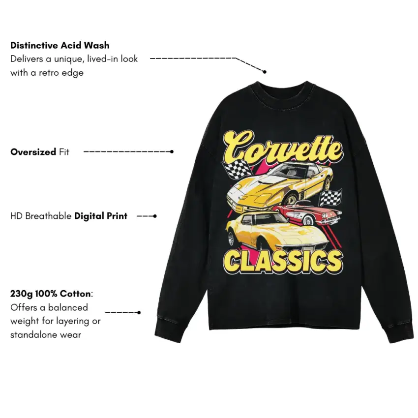 Corvette Generations Classic Aicd Wash Oversized Long Sleeve Shirt - Image 5