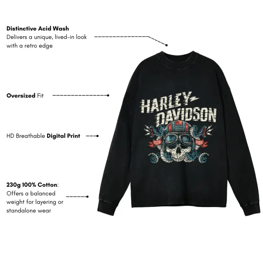 Harley Davidson Skull And Spanners Aicd Wash Oversized Long Sleeve Shirt - Image 5