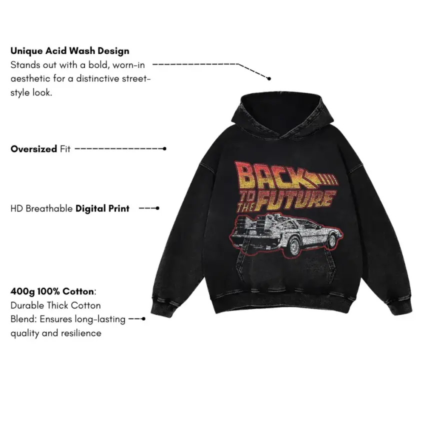 Delorean Time Machine Aicd Wash Oversized Hoodie - Image 2
