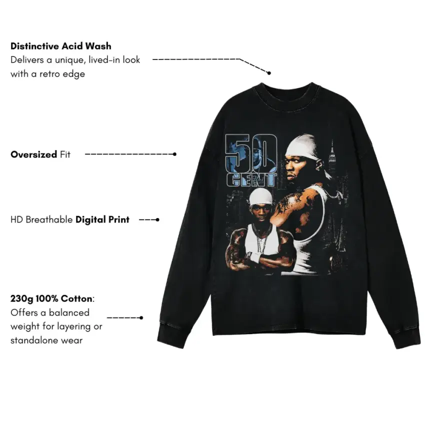 50 Cent Many Men Aicd Wash Oversized Long Sleeve Shirt - Image 5