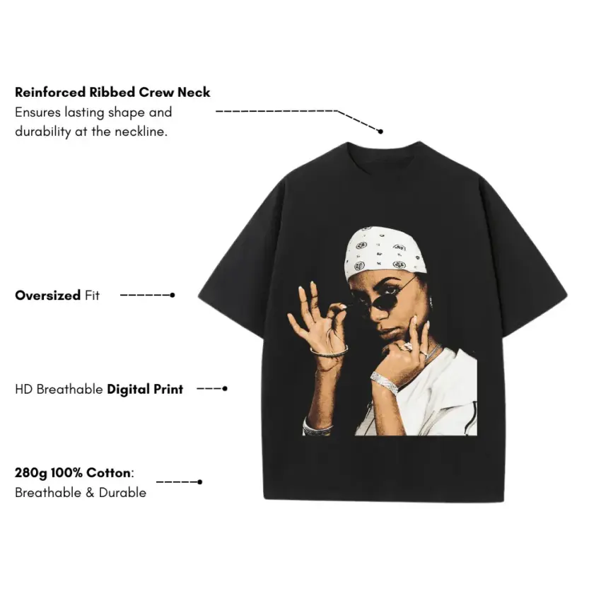 Aaliyah Bandana Portrait Heavyweight Oversized Black Graphic Tee - Image 5