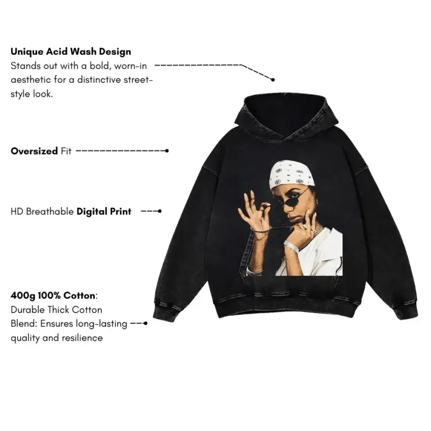 Aaliyah Bandana Portrait Aicd Wash Oversized Hoodie - Image 5