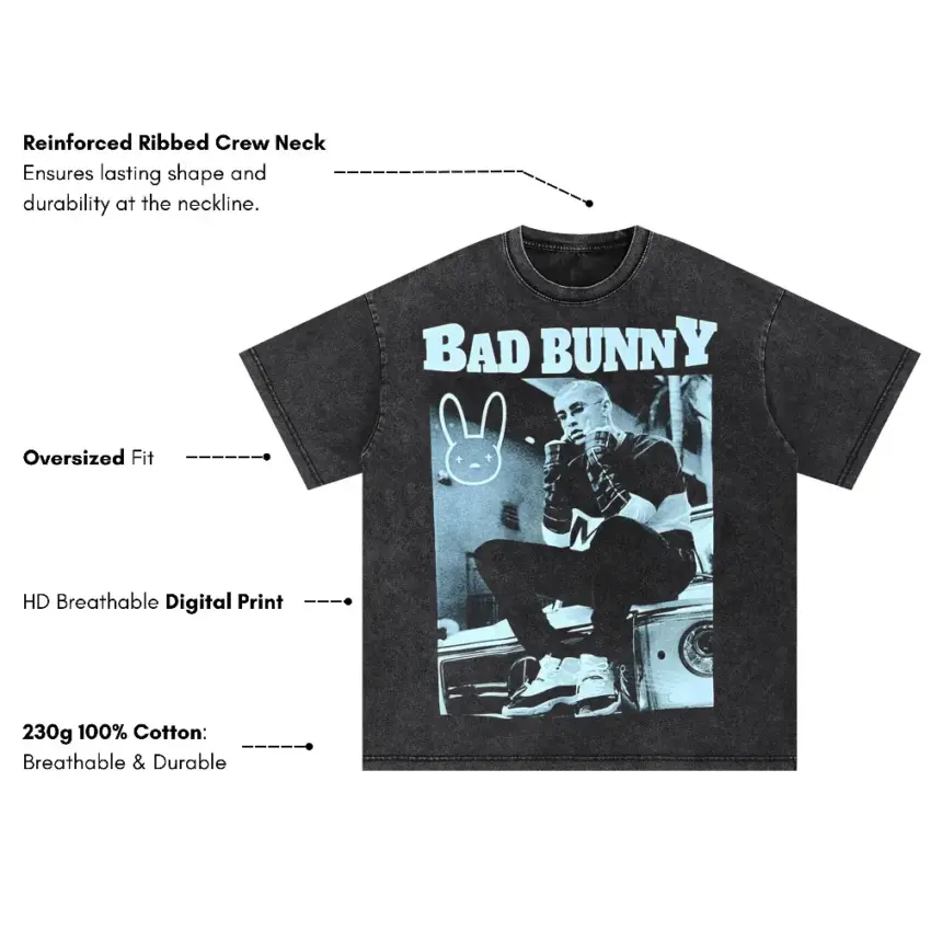 Bad Bunny El Conejo Malo Oversized Acid Wash T-shirt - Image 5
