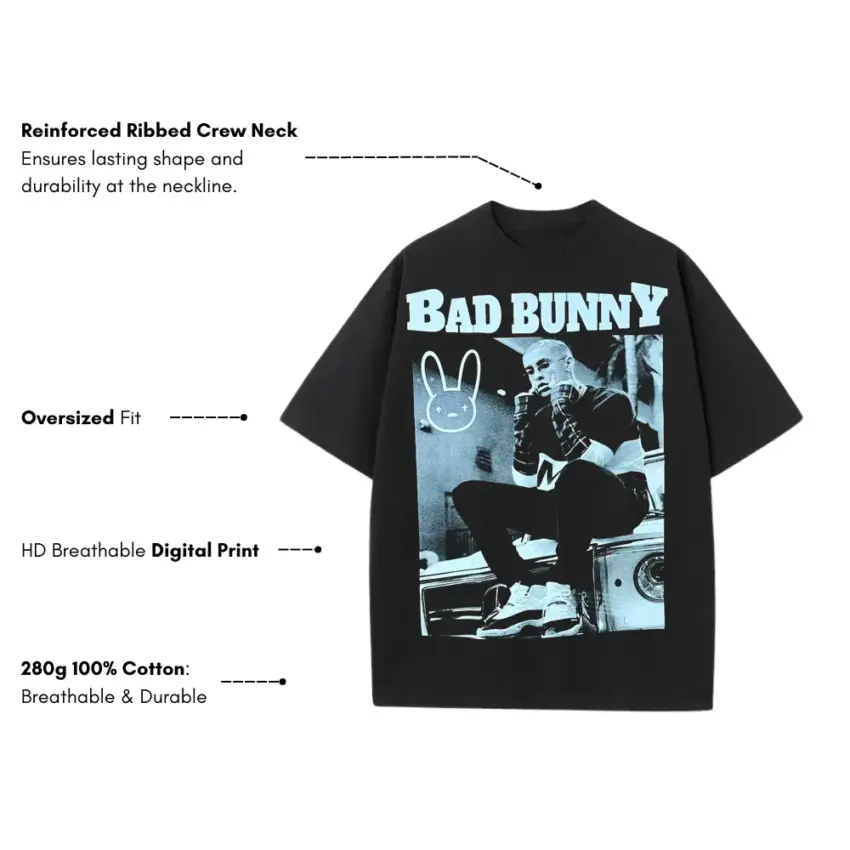 Bad Bunny El Conejo Malo Heavyweight Oversized Black Graphic Tee - Image 5